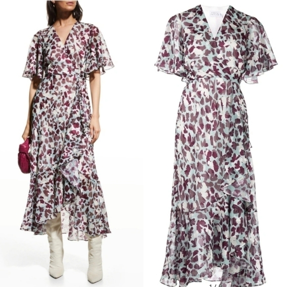 New Tanya Taylor Blaire Floral Wrap Leopard-Print Short-Sleeved Midi Dress Sz 4 - Picture 1 of 15